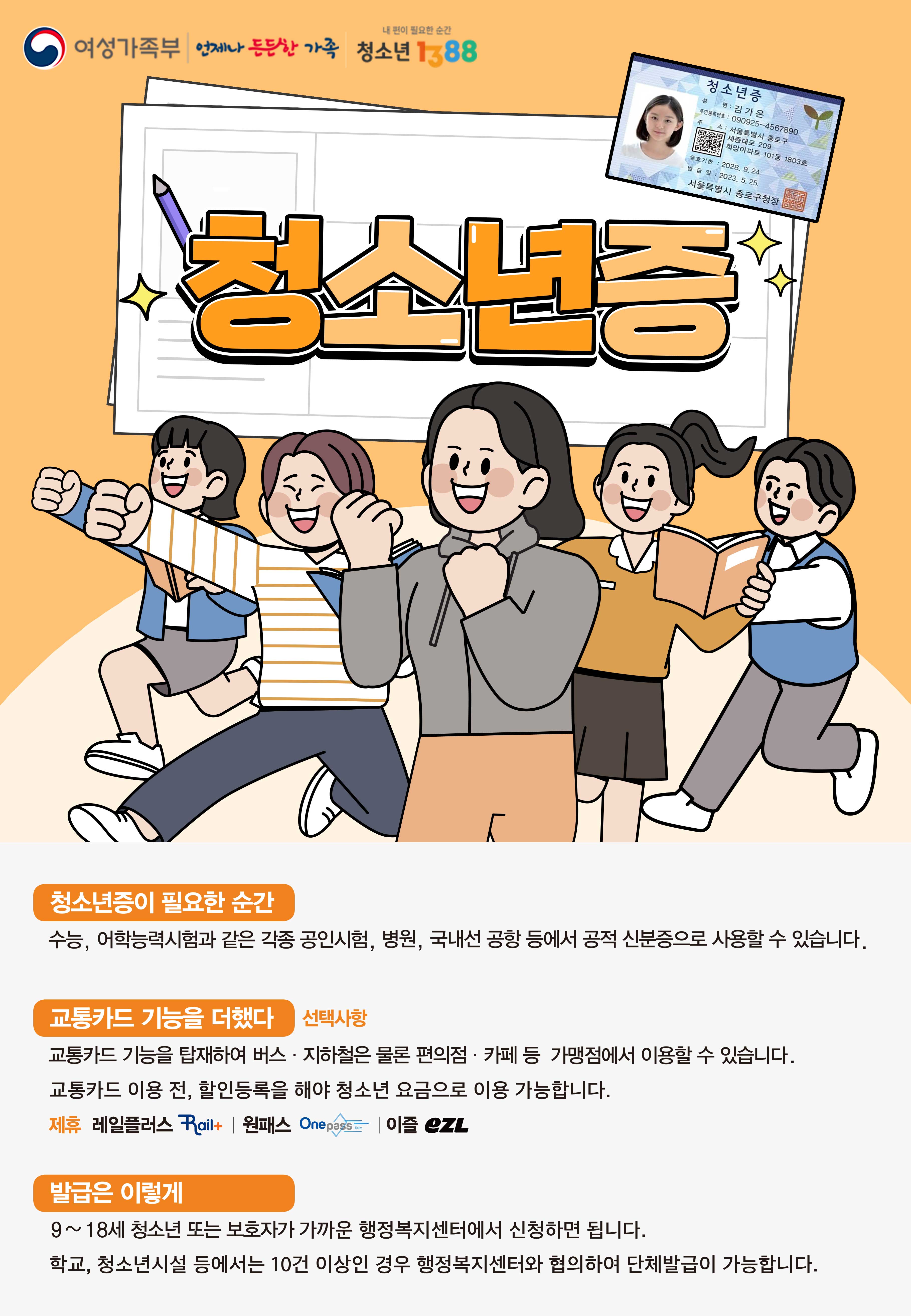 (청소년증 홍보물) 여성가족부. 언제나 든든한 가족. 청소년 1388. 청소년증이 필요한 순간: 수능, 어학능력시험과 같은 각종 공인시험, 병원, 국내선공항 등에서 공적 신분증으로 사용할 수 있습니다.교통카드 기능을 더했다(선택사항): 교통카드 기능을 탑재하여 버스·지하철은 물론 편의점·카페 등 가맹점에서 이용할 수 있습니다.교통카드 이용 전, 할인등록을 해야 청소년 요금으로 이용 가능합니다. 제휴:레일플러스, 원패스, 이즐.발급은 이렇게: 9~18세 청소년 또는 보호자가 가까운 행정복지센터에서 신청하면 됩니다. 학교, 청소년시설 등에서는 10건 이상인 경우 행정복지센터와 협의하여 단체발급이 가능합니다.